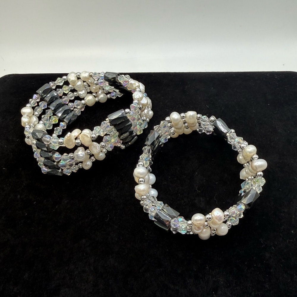 Vintage Convertible Pearl Crystal Hematite Wrap Necklace Bracelet Set 27” 33” - Picture 6 of 7